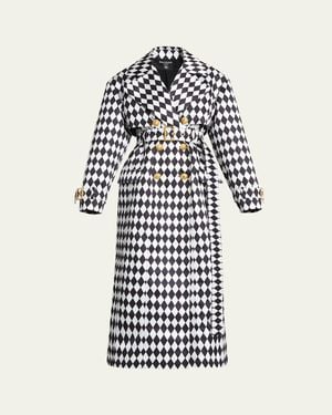 Balmain Diamond Print Belted Trench Coat With-Tone Buttons - White