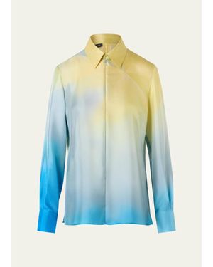 Akris Sunbeam-Print Silk Twill Zip Collared Blouse - Blue