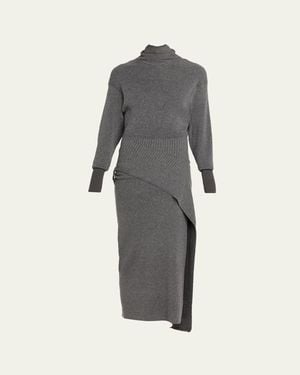 Lanvin Side Drape Long-Sleeve Wool-Cashmere Midi Sweater Dress - Gray