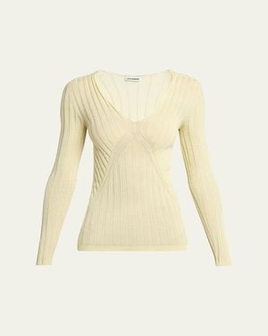 Jil Sander Cashmere-Silk V-Neck Sweater - Natural