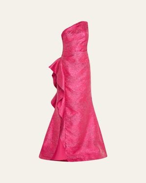 Teri Jon One-Shoulder Metallic Jacquard Trumpet Gown - Pink