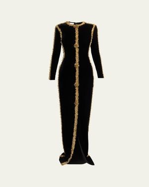 Balmain Long-Sleeve Beaded Velvet Maxi Dress - Black