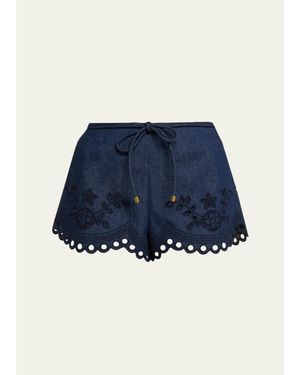Zimmermann Mahon Broderie Denim Shorts - Blue