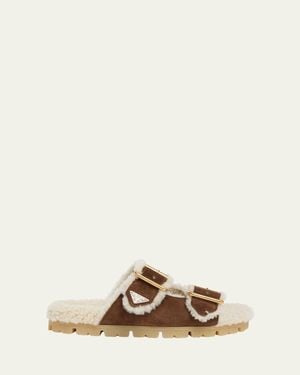 Prada Suede Shearling Lined Dual-Buckle Slide Sandals - Natural