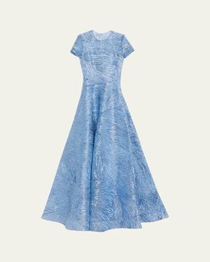 Naeem Khan Metallic Embroidered Short-Sleeve Illusion Gown - Blue