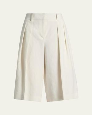 Michael Kors Pleated Knee-Length Linen Shorts - White