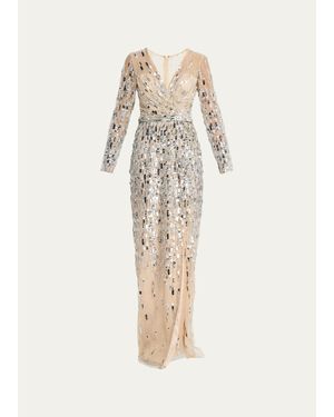 Pamella Roland Sequined Long-Sleeve Surplice Tulle Gown - Natural