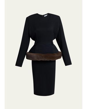 Stella McCartney Long-Sleeve Belted Faux-Fur Peplum Midi Dress - Black
