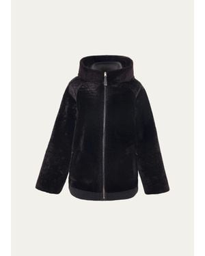Gorski Select Textured Shearling Lamb Hooded Jacket - Blue