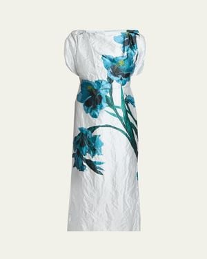 Erdem Floral Textured Satin Twisted-Shoulder Midi Dress - Blue