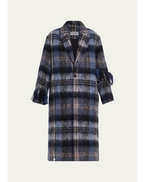 Loewe Single-Breasted Plaid Wool Fringe Long Coat - Blue