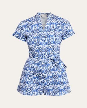 Alice + Olivia Lucy Roll-Sleeve Romper - Blue