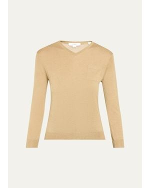 Vince Cashmere-Silk Pocket V-Neck Sweater - Natural
