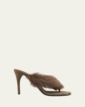 Alaïa 90Mm Shearling And Leather Thong Sandals - Natural