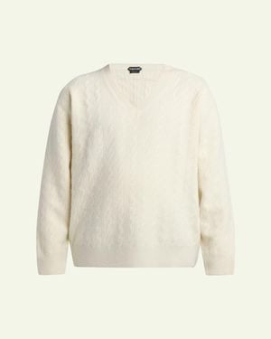 Tom Ford Cable Knit Wool V-Neck Sweater - Natural