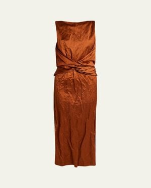 Lanvin Sleeveless Twisted Crinkle Satin Midi Dress - Brown