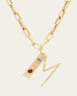 Audrey C. Jewelry 14K Custom Bespoke Initial Necklace With Diamonds, Ruby, And Sapphire, 18"L - Metallic