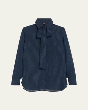 Kiton Metallic Pinstripe Silk Neck-Tie Blouse - Blue