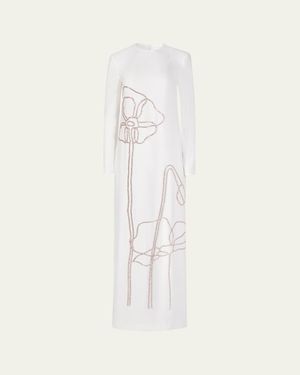 Costarellos Zarie Crystal Flower Long-Sleeve Column Gown - Natural
