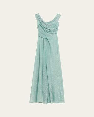 Talbot Runhof Draped Off-The-Shoulder Metallic Plisse Gown - Green