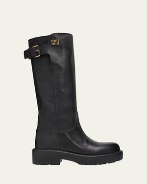 Miu Miu 55Mm Leather Knee-High Lug-Sole Boots - Black