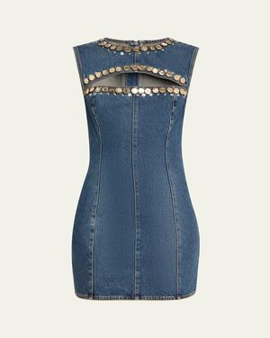 Area Crystal Button Studded Slit Denim Mini Dress - Blue