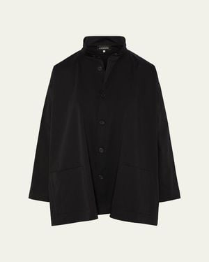 Eskandar Slim A-Line Double Stand-Collar Shirt With Stepped Insert (Long Length) - Black