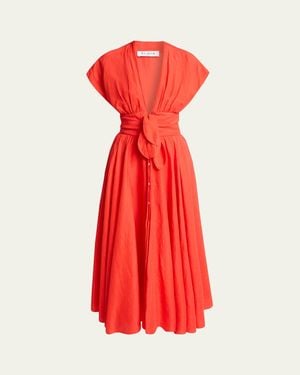 Alaïa Plunging Belted Linen Midi Dress - Red
