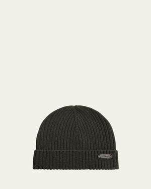 Brioni Cashmere Rib Leather-Label Beanie Hat - Black