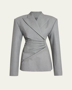 Balmain Strong-Shoulder Draped Mini Blazer Dress - Gray