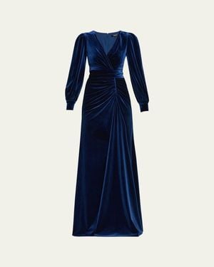 Badgley Mischka Pleated A-Line Velvet Gown - Blue