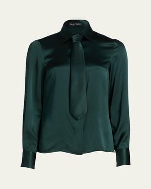 Sergio Hudson Neck-Tie Button-Front Blouse - Green