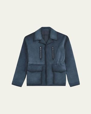 Berluti Scritto-Undercollar Leather Jacket - Blue
