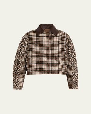 Brunello Cucinelli Leather-Collar Check Boxy Car Coat - Brown