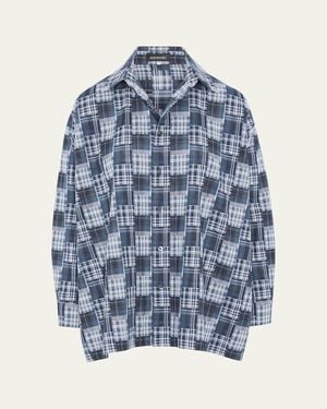 Eskandar A-Line Patchwork Plaid Cotton Shirt - Blue