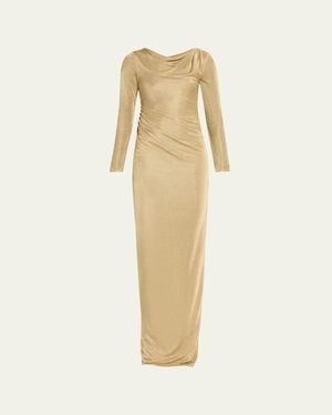 Oscar de la Renta Metallic Jersey Cowl-Neck Long-Sleeve Gown - Natural