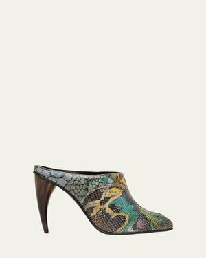 McQueen 105Mm Horn Heel Peep-Toe Mules - Green