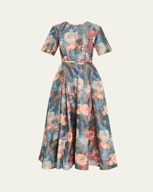 Prabal Gurung Short-Sleeve Floral Taffeta Belted Midi Cocktail Dress - Blue