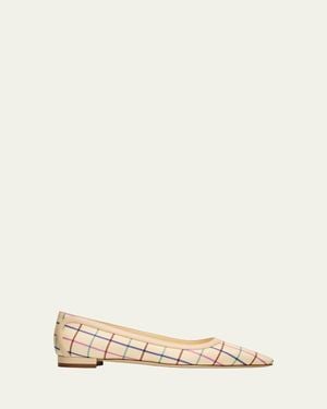 Manolo Blahnik Filotas Plaid Silk Ballerina Flats - Natural
