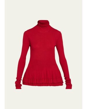 Ashlyn New Diamond Ruffled Turtleneck Merino Wool-Silk Top - Red