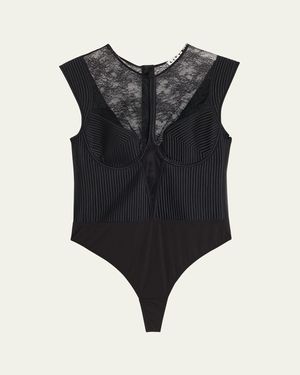 LIVY Palace Quilted Satin & Floral Lace Bodysuit - Black