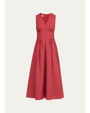 Brunello Cucinelli V-Neck Pleated Techno Cotton Poplin Sleeveless Midi Dress - Red