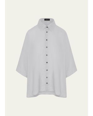 Eskandar Sloped Shoulder Wide A-Line Short Sleeve Shirt With Collar - White