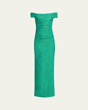 Teri Jon Off-Shoulder Metallic Jacquard Column Gown - Green