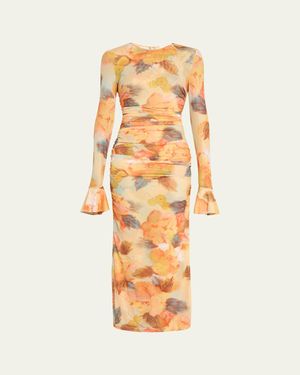 Cinq À Sept Neriah Watercolor Floral Mesh Maxi Dress - Metallic