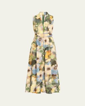 Lela Rose Floral-Print Cotton Sleeveless Midi Dress With Belt - Metallic