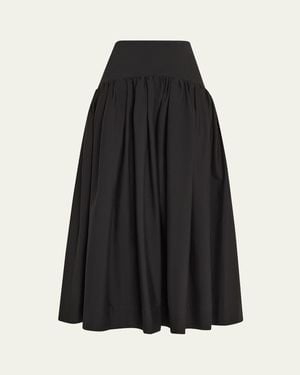 Lela Rose Drop-Waist Gathered Cotton Poplin Midi Skirt - Black