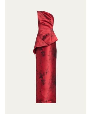 Teri Jon Satin Floral One-Shoulder Gown - Red