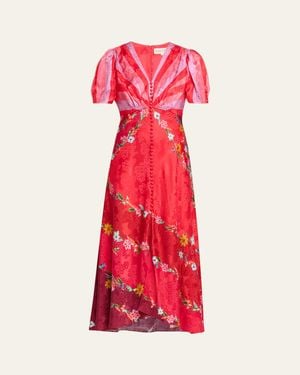 Saloni Lea Printed Long Dress - Red