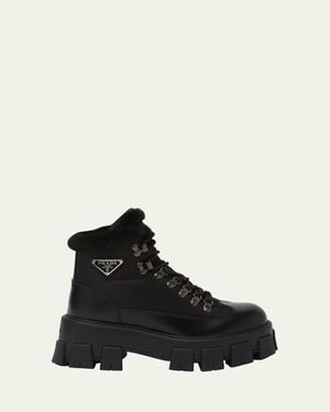 Prada Monolith Nylon Shearling Hiker Boots - Black